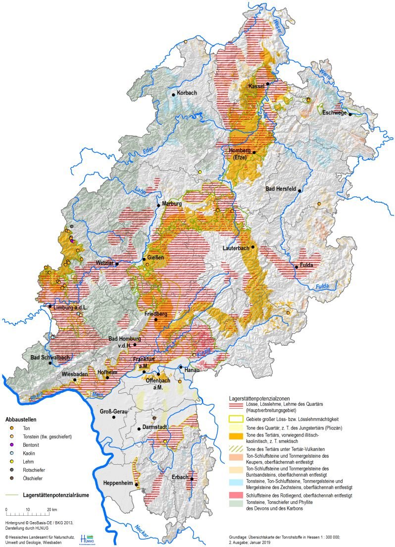 Übersichtskarte des Lagerstättenpotenzials für Tonrohstoffe in Hessen. Lagerstättenpotentialzonen zeigen die Verbreitung der verschiedenen Tonrohstoffe sowie der Gewinnungsstellen in Hessen 
