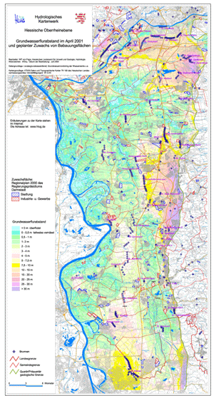 Grundwasserflurabstand im April 2001 und geplanter Zuwachs von Bebauungsflächen