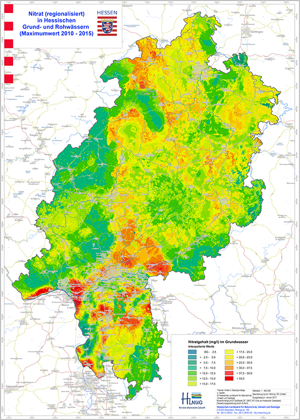 Die Karte stellt die flächenhaften Nitratkonzentrationen auf Grundlage des landeseigenes Grundwassermessnetzes sowie des Rohwassermessnetzes dar.
