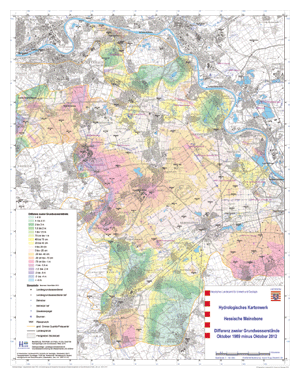 Differenz der Grundwasserstände ausgehend von Oktober 1989 zu Oktober 2012 (2012 minus 1989)