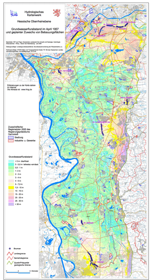 Grundwasserflurabstand im April 1957 und geplanter Zuwachs von Bebauungsflächen