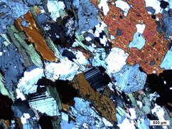 Mikroskopische Aufnahmen eines Biotit-Hornblende-Gneises (Metamorphit) der Bohrung Heubach unter gekreuzt polarisiertem Licht. 