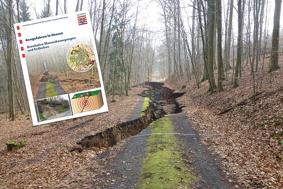 Waldweg mit Riss im Erdreich und Deckblatt des Buches Geogefahren