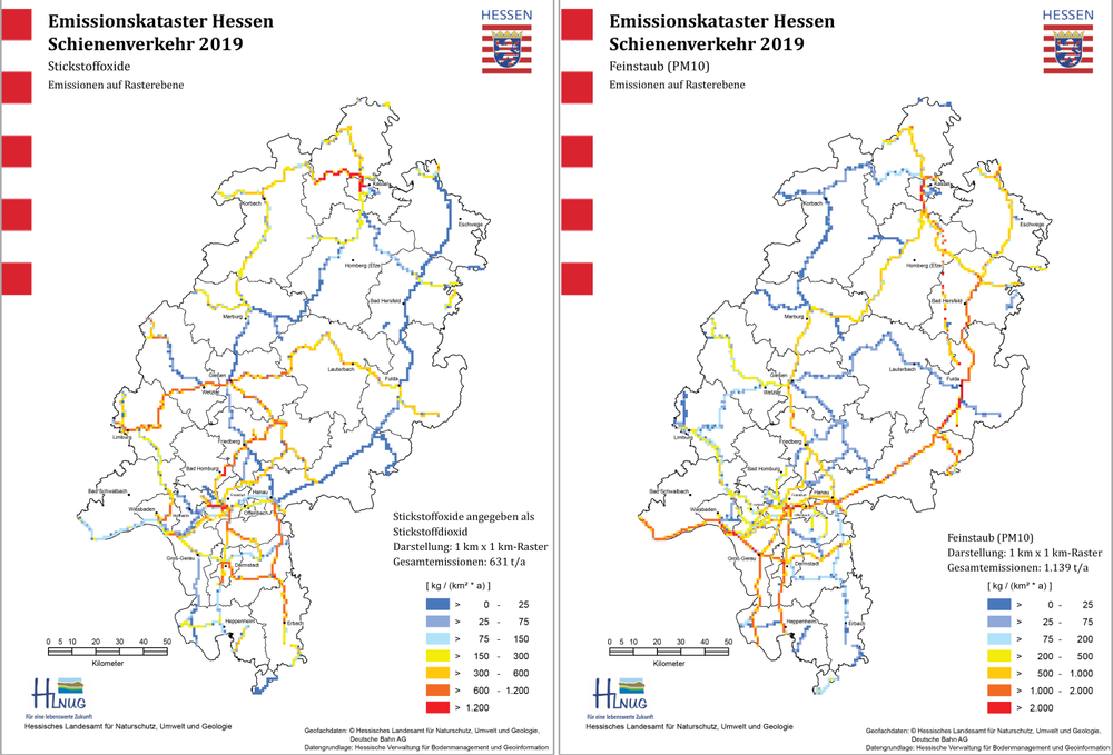 Kartenhafte Darstellung der Emissionen aus Schienenverkehr 2019