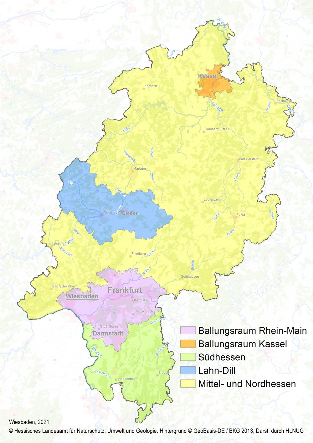 Hessenkarte mit Gebieten und Ballungsräumen