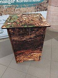 Ein Hocker bedruckt mit dem Bodenprofil Kohlenmeiler