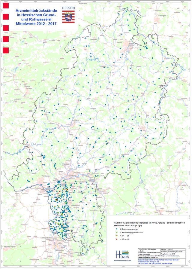 Karte der Arzneimittelrückstände in hessischen Grund- und Rohwässern