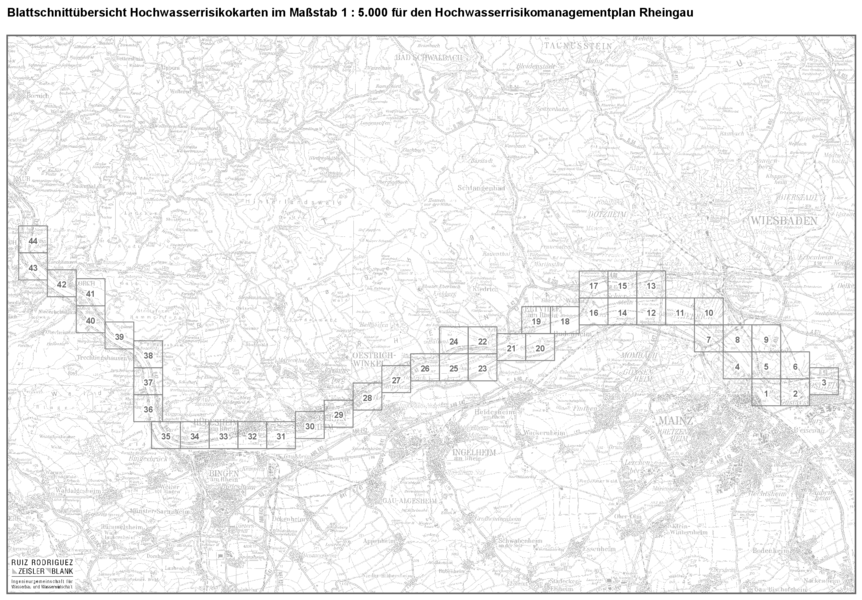 Übersicht über die Blattschnitte der Hochwasserrisikokarten.