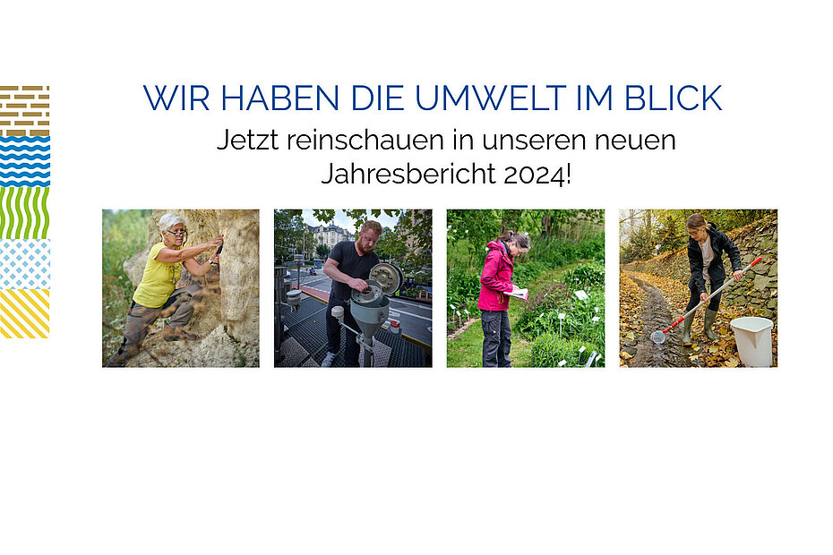 4 Fotos von HLNUG-Mitarbeitende, die gerade ihre Arbeit verrichten