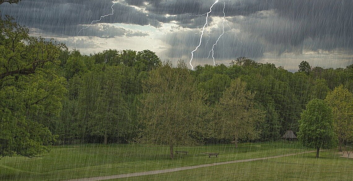 Gewitter und Starkregen in einer grünen Landschaft