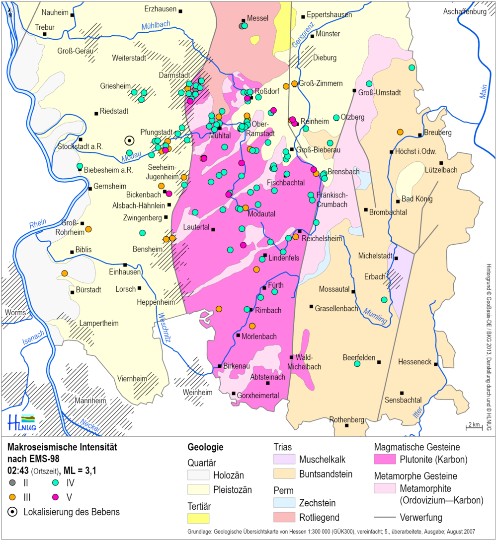 Makroseismische Karte des Erdbebens vom 10. September 2023 bei Pfungstadt