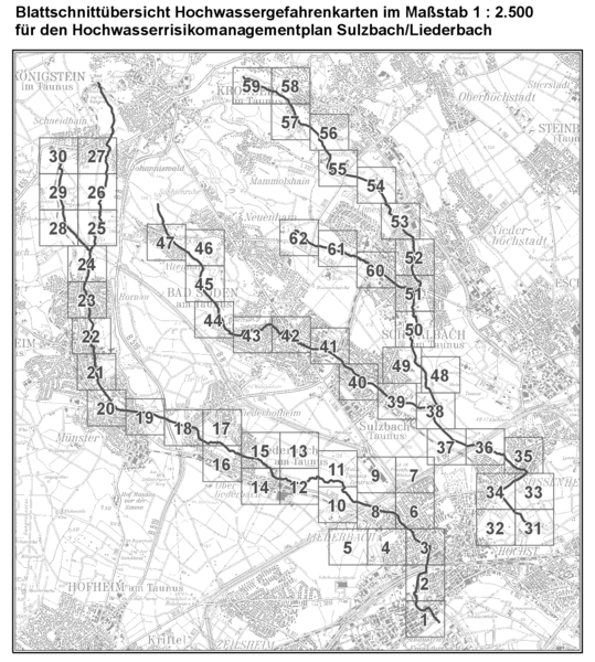Übersicht über die Blattschnitte der Hochwasserrisikokarten.