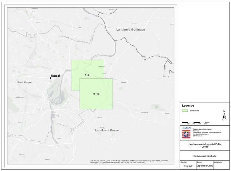 Übersicht über die Blattschnitte der Hochwasserrisikokarten.