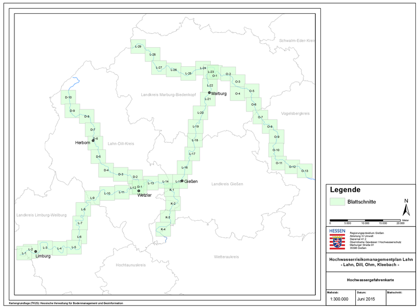 Übersicht über die Blattschnitte der Hochwassergefahrenkarten.