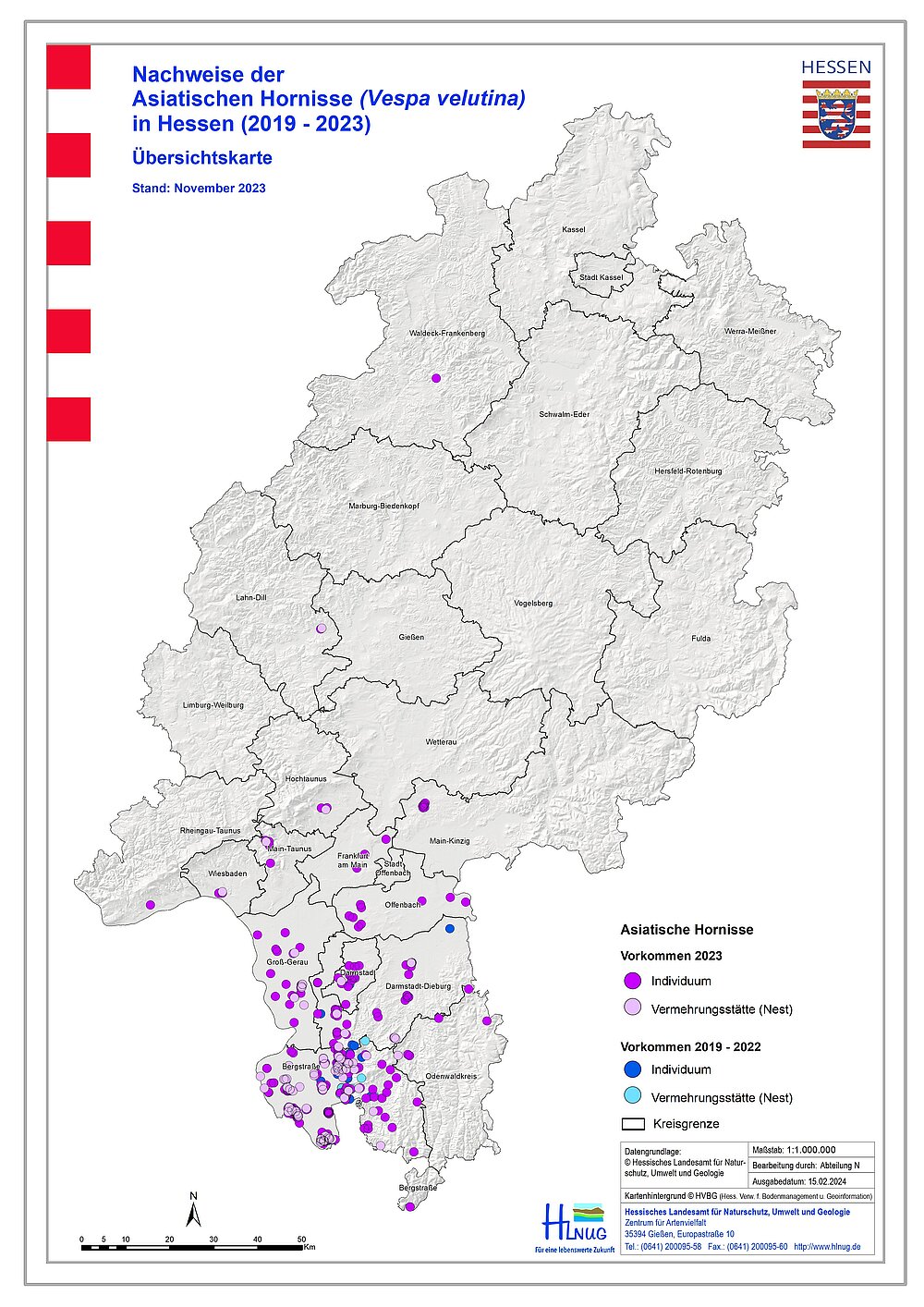 Übersichtskarte zu Nachweisen der Asiatischen Hornisse in Hessen 2019–2023Asiatischen Hornisse in Hessen