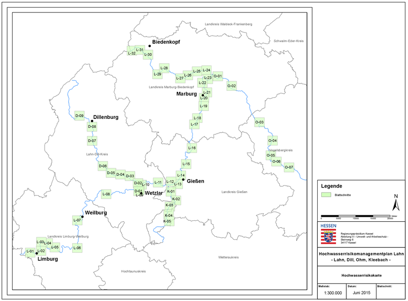 Übersicht über die Blattschnitte der Hochwasserrisikokarten.