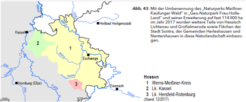 Mit der Umbenennung des „Naturparks Meißner- Kaufunger Wald“ in „Geo-Naturpark Frau-Holle- Land“ und seiner Erweiterung auf fast 114 000 ha im Jahr 2017 wurden weitere Teile von Hessisch Lichtenau und Großalmerode sowie Flächen der Stadt Sontra Mit der Umbenennung des „Naturparks Meißner- Kaufunger Wald“ in „Geo-Naturpark Frau-Holle- Land“ und seiner Erweiterung auf fast 114 000 ha im Jahr 2017 wurden weitere Teile von Hessisch Lichtenau und Großalmerode sowie Flächen der Stadt Sontra, der Gemeinden Herleshausen und Nentershausen in diese Naturlandschaft einbezogen