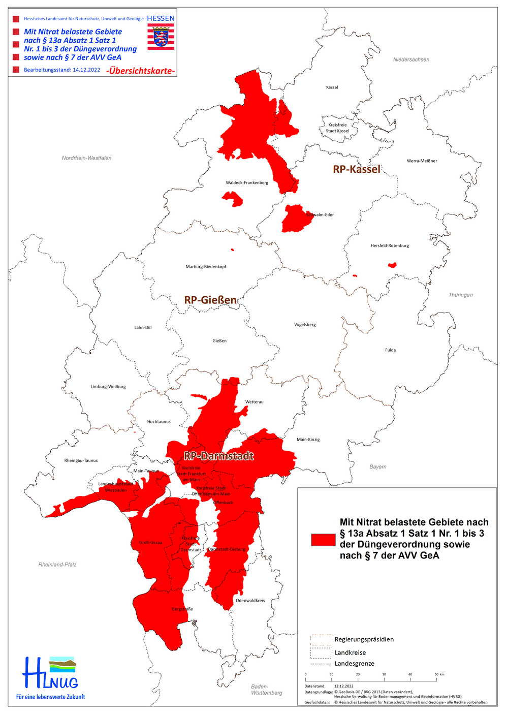 Mit Nitrat belastete Gebiete (gemäß Ausweisung im Dezember 2022) nach den Vorgaben der Düngeverordnung (2020) und der Allgemeinen Verwaltungsvorschrift zur Gebietsausweisung (August 2022)