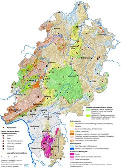 Übersichtskarte der Natursteine und Naturwerksteine. Dargestellt sind Vorkommen und die Abbaustellen. Gewinnungsstellen der Naturwerksteine sind gesondert gekennzeichnet. 