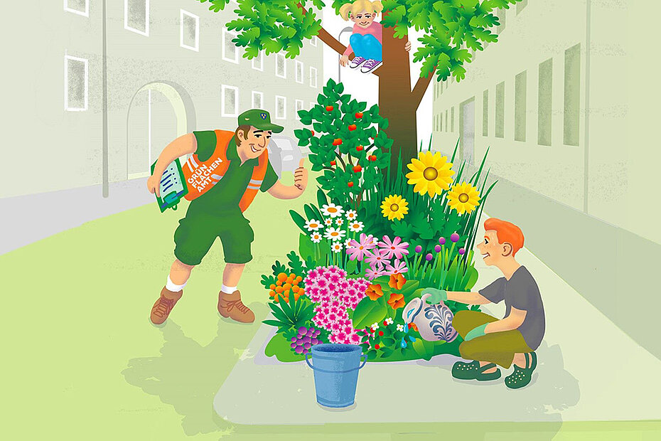 Drei Personen arbeiten an einem Beet/Grüninsel in der Stadt