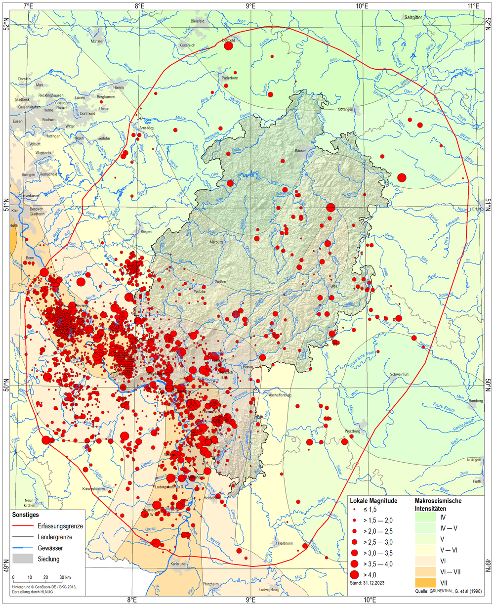 Erdbebenverteilung in Hessen nach Hessischem Erdbebenkatalog