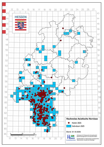 Hessenkarte mit Punkten zu Nestfunden und Rasterfeldern, wo im Jahr 2025 Individuen gesichtet wurden 
