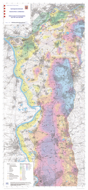 Differenz der Grundwasserstände ausgehend von April 1957 zu April 2001 (2001 minus 1957)