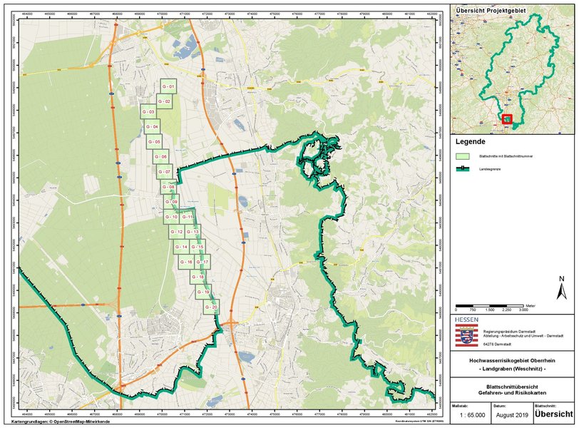 Übersicht über die Blattschnitte der Hochwasserrisikokarten.