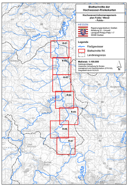 Übersicht über die Blattschnitte der Hochwasserrisikokarten.