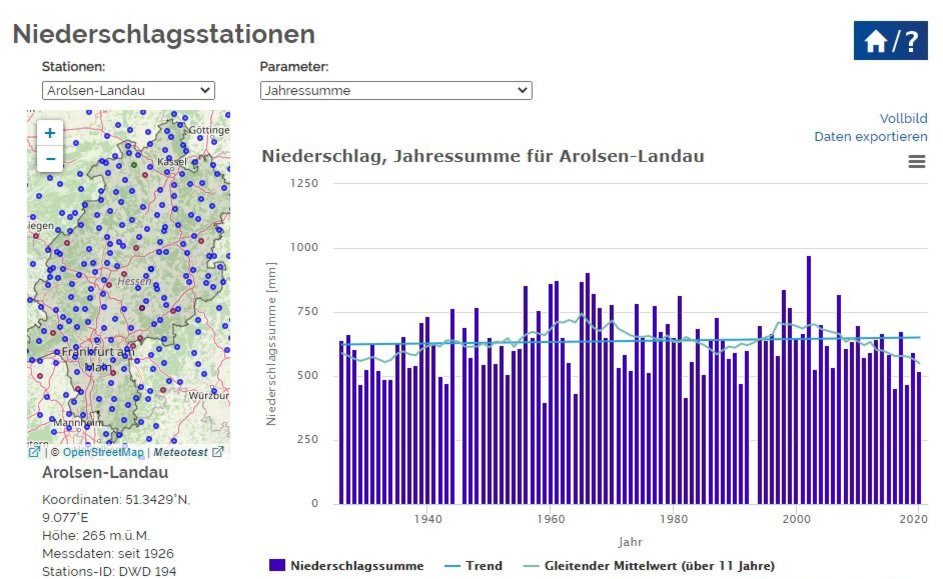 Desktop-Ansicht vom interaktiven Webportal "Wetterextreme in Hessen"