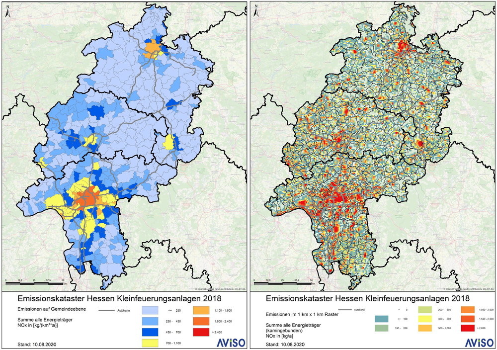 Kartenhafte Darstellung der Emissionen aus Kleinfeuerungsanlagen ind Hessen im Jahr 2018