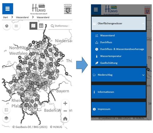 Themenleiste in der Smartphone-Ansicht. Links: Zugeklappt; Rechts: Aufgeklappt.