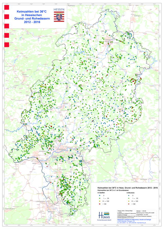 Die Hessenkarte zeigt den jeweils höchsten Nachweis von Keimzahlen bei 36 Grad Celsius in einem Milliliter Grundwasser für die Jahre 2012 bis 2016, aufgeteilt in vier Klassen. Zudem wird zwischen Brunnen und Quellen differenziert. In den Brunnen werden erwartungsgemäß tendenziell niedrigere Anzahlen an Keimzahlen gefunden als in Quellen. In den meisten Fällen wurden keine oder nur eine geringe Anzahl von Keimen unter der Grenze von 50 Keime pro Milliliter Grundwasser detektiert. Nur in wenigen Fällen, verteilt über ganz Hessen, kam es zu Überschreitungen, welche höher als 50 Keime pro 1 Milliliter Grundwasser waren.