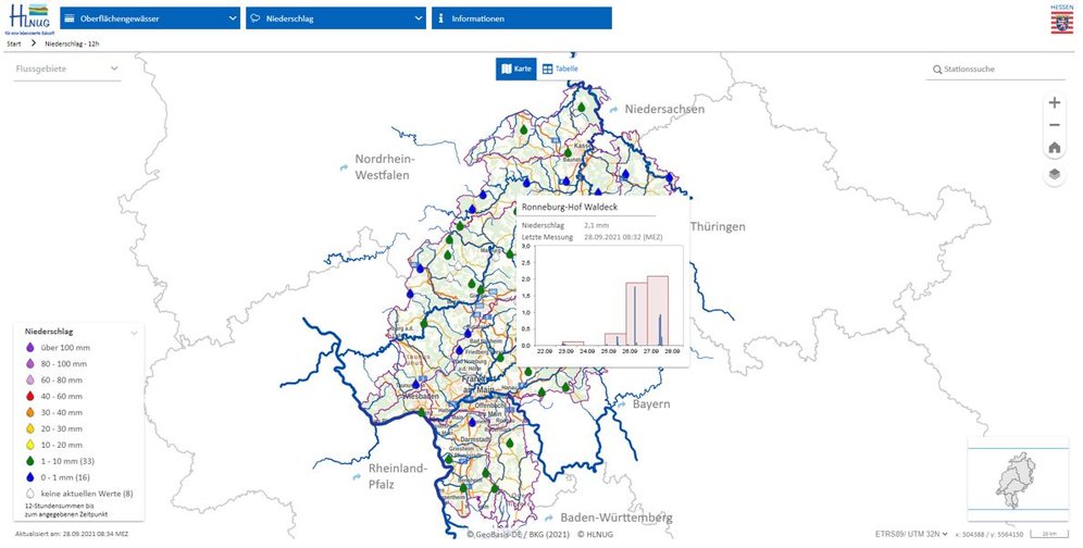 Niederschlagsseite der letzten 6 Stunden bis zum angegebenen Zeitpunkt.