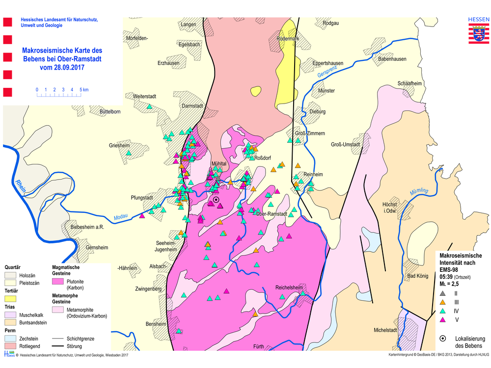 Makroseismische Karte des Erdbebens vom 28. September 2017 bei Ober-Ramstadt