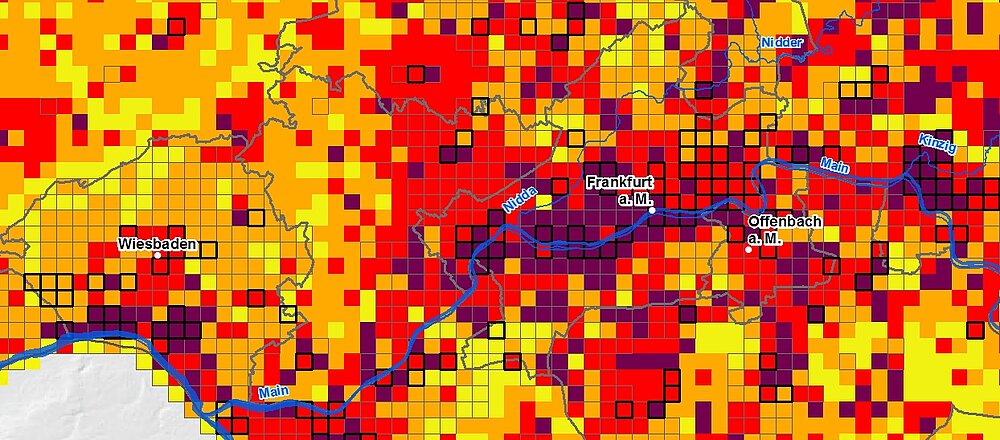 Ausschnitt der Starkregen-Hinweiskarte für Hessen