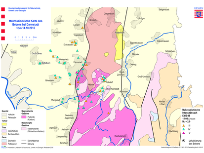 Makroseismische Karte des Erdbebens vom 14. Oktober  2016 bei Darmstadt