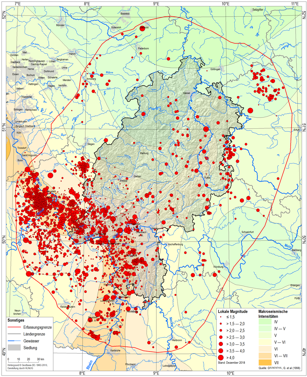Karte von Hessen mit Erdbebenstellen