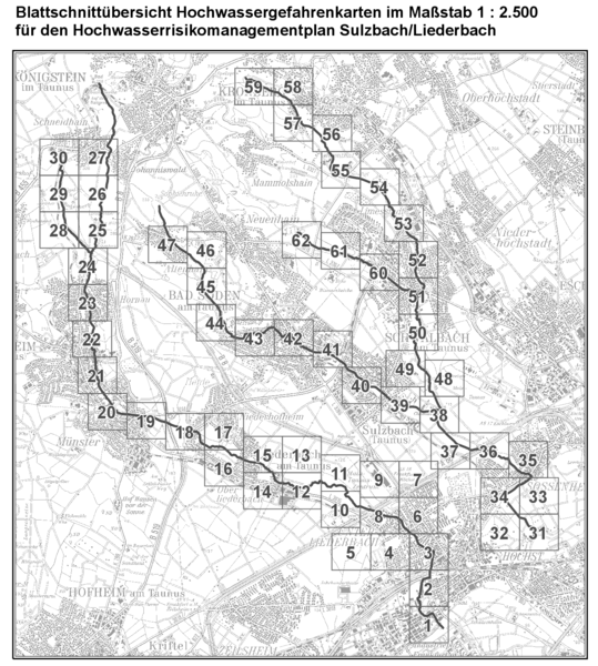 Übersicht über die Blattschnitte der Hochwassergefahrenkarten.