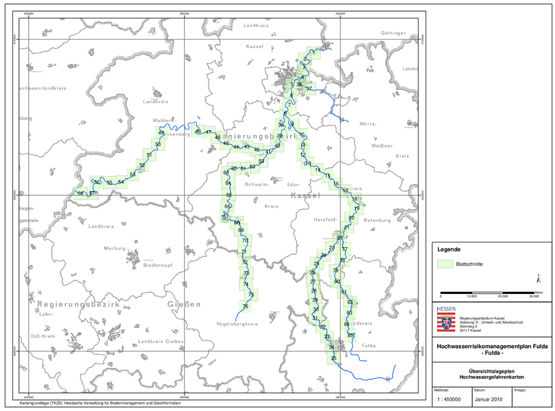 Übersicht über die Blattschnitte der Hochwassergefahrenkarten im 1. Zyklus.