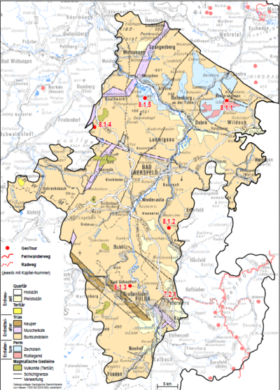 Geologische Karte 1: 300 000 der Geotop-Einheit „Osthessisches Buntsandstein-Bergland“ mit Lage der beschriebenen GeoTouren Geologische Karte 1: 300 000 der Geotop-Einheit „Osthessisches Buntsandstein-Bergland“ mit Lage der beschriebenen GeoToure