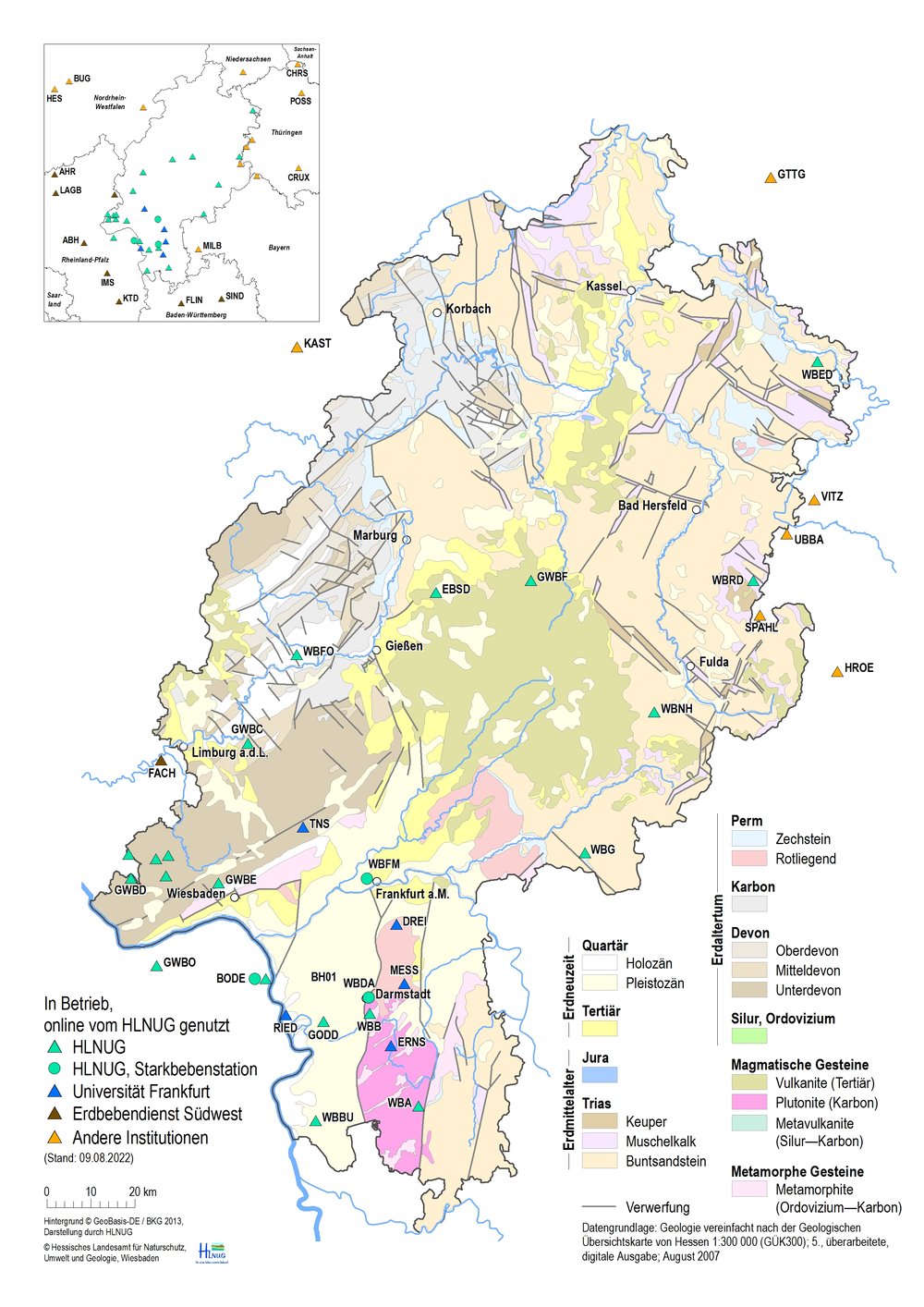 Karte mit den Erdbebenstationen in Hessen