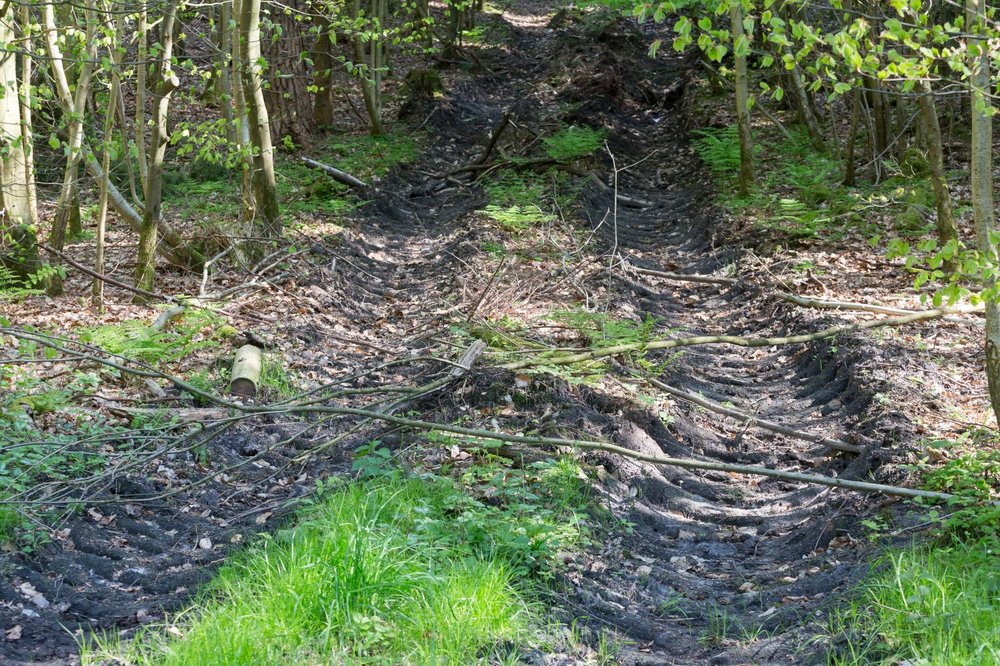 Foto, das deutlich sichtbare Bodenfurchen durch ein schweres Fahrzeug zeigt.