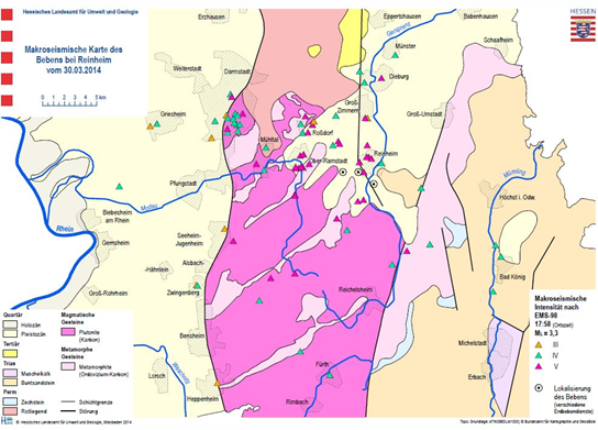 Abbildung 1: Makroseismische Karte des Erdbebens vom 30. März  2014 bei Reinheim