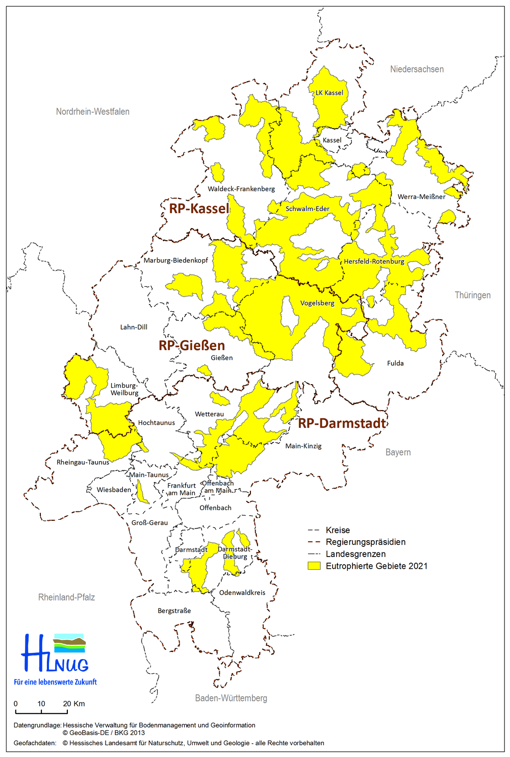Karte der eutrophierten Gebiete in Hessen als gelbe Teilflächen.