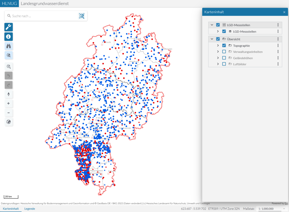LGD-Viewer Startbildschirm des Fachinformationssystems Landesgrundwasserdienst mit Kartendarstellung von Hessen