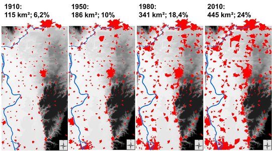 Entwicklung der Siedlungsflächen (rote Polygone)  im nördlichen Oberrheingraben zwischen 1910 und 2010.