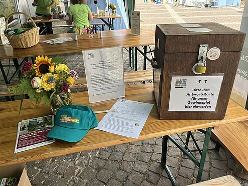 Ein Tisch mit einer Kappe, Papier und einer schwarzen Kiste