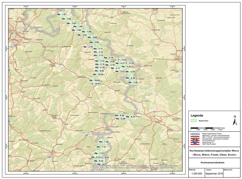 Übersicht über die Blattschnitte der Hochwasserrisikokarten.