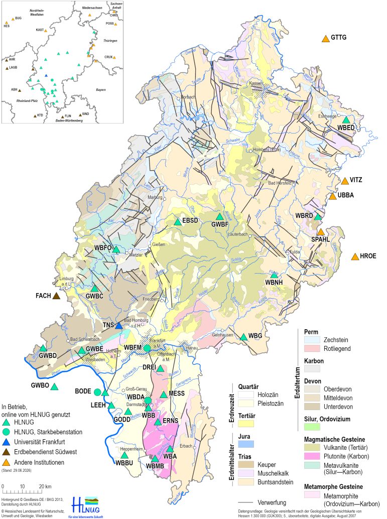 Karte mit den Standorten von Erdbebenmessstationen in Hessen